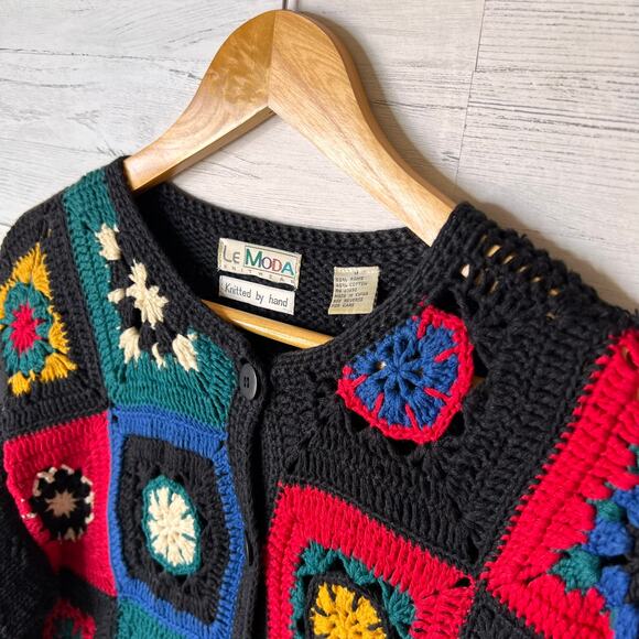 Le Moda Sweater Womens Size Medium Vintage Black Knitted by Hand Granny Square - Picture 12 of 16